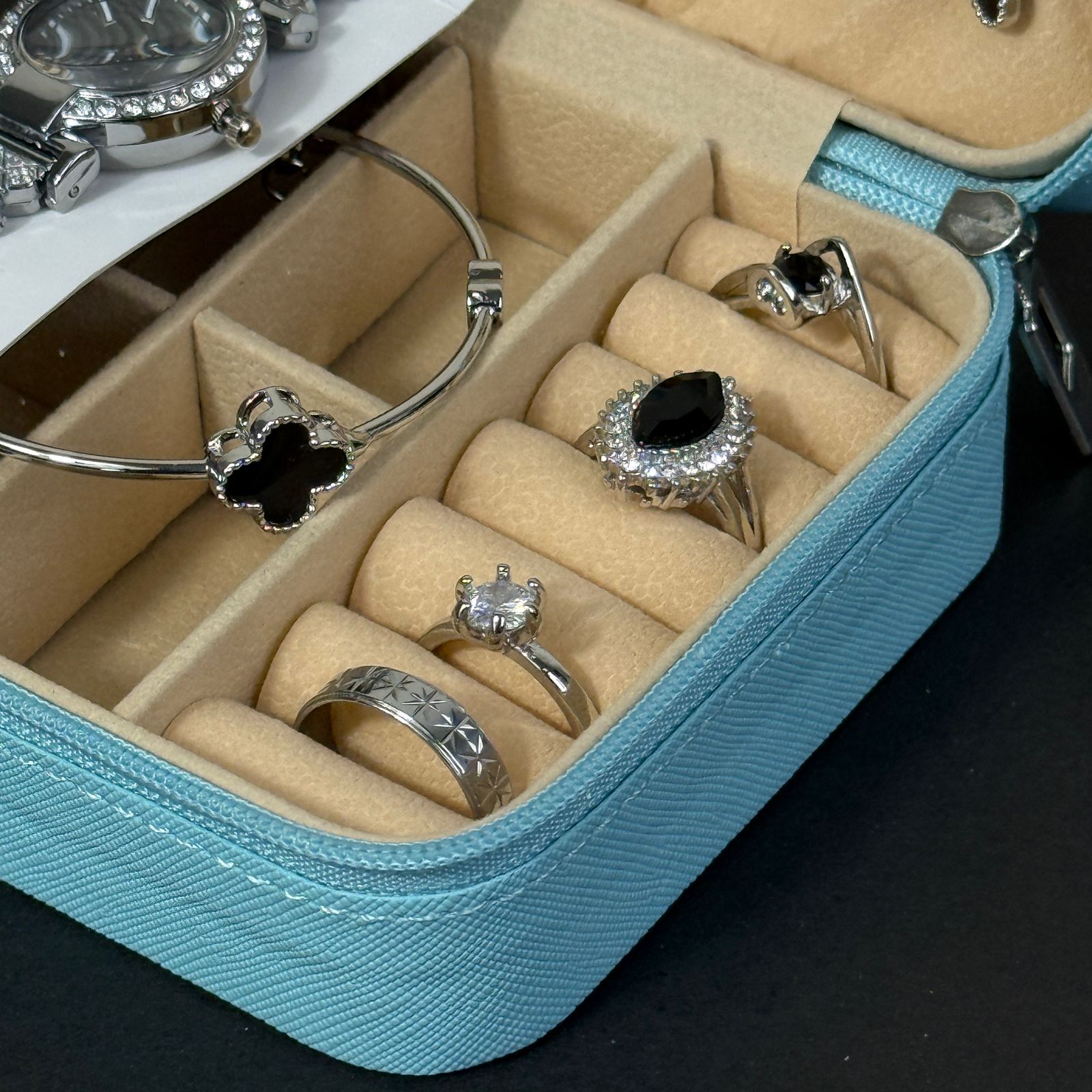 Women’s Silver Watch & Jewelry Set – Sky Blue Box with Black Clover Accents
