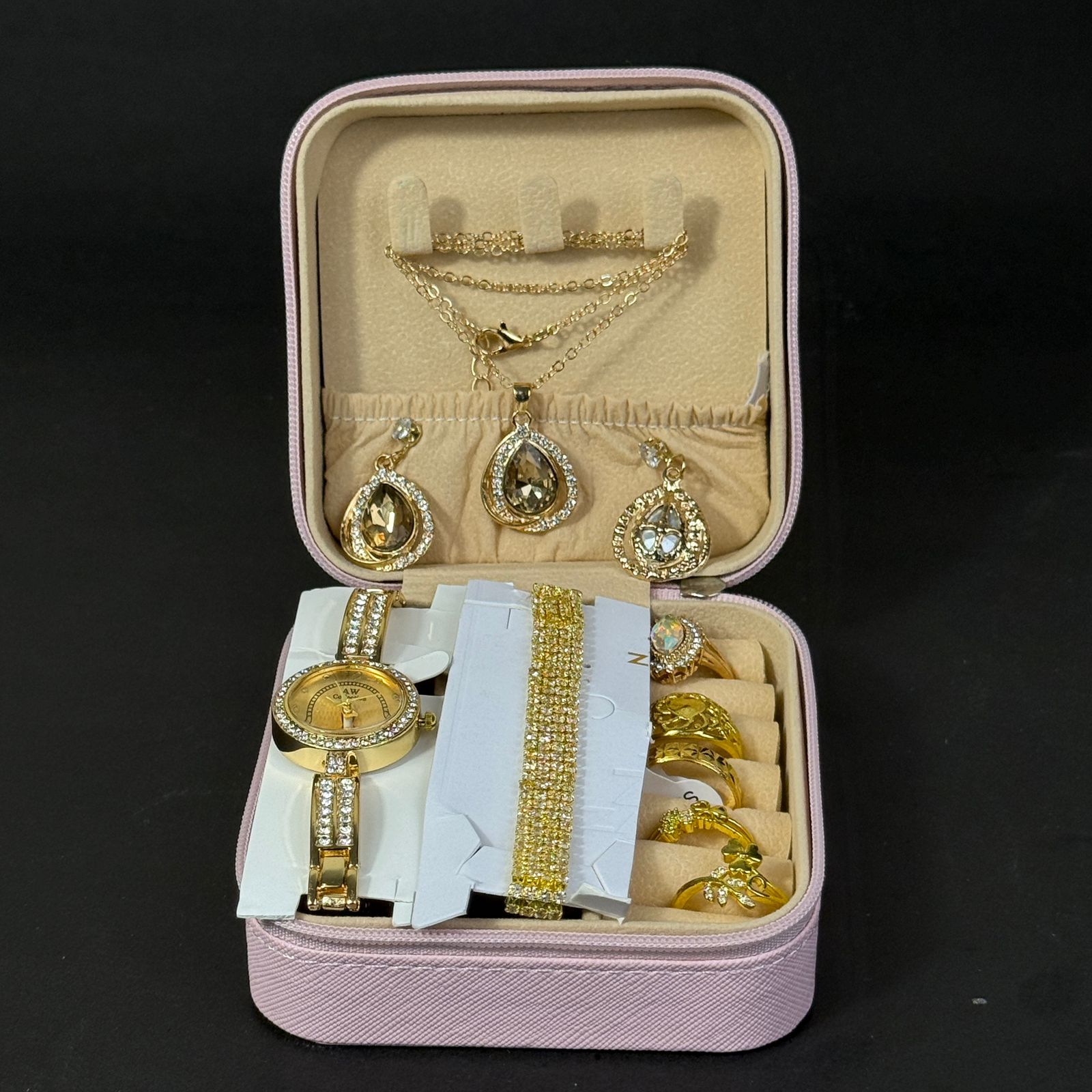 Women’s Gold-Tone Watch & Jewelry Set – Pink Box Edition