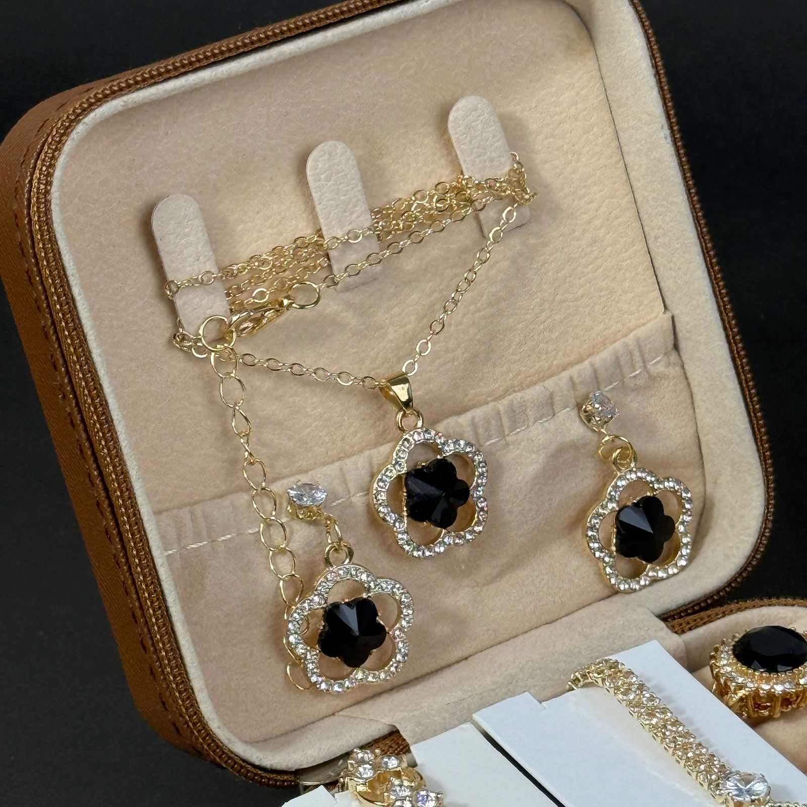 Women’s Gold Watch & Jewelry Set – Brown Box with Black & Blue Stone Accents