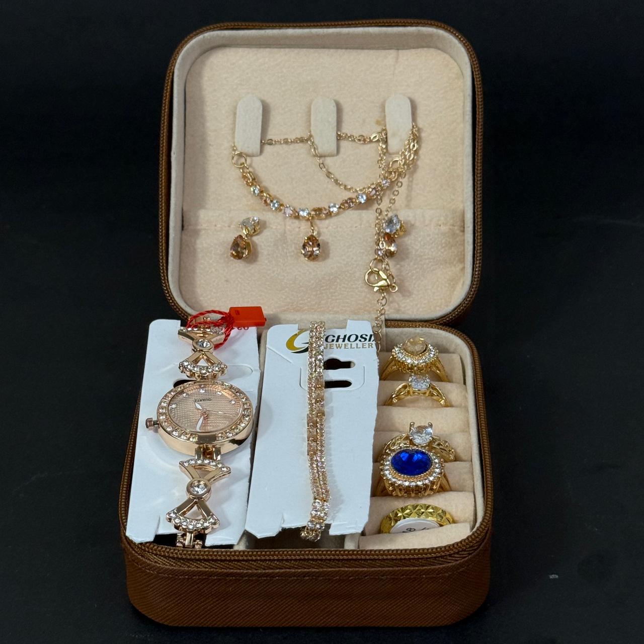 Women’s Gold Watch & Jewelry Set – Brown Box with Blue Stone Accent