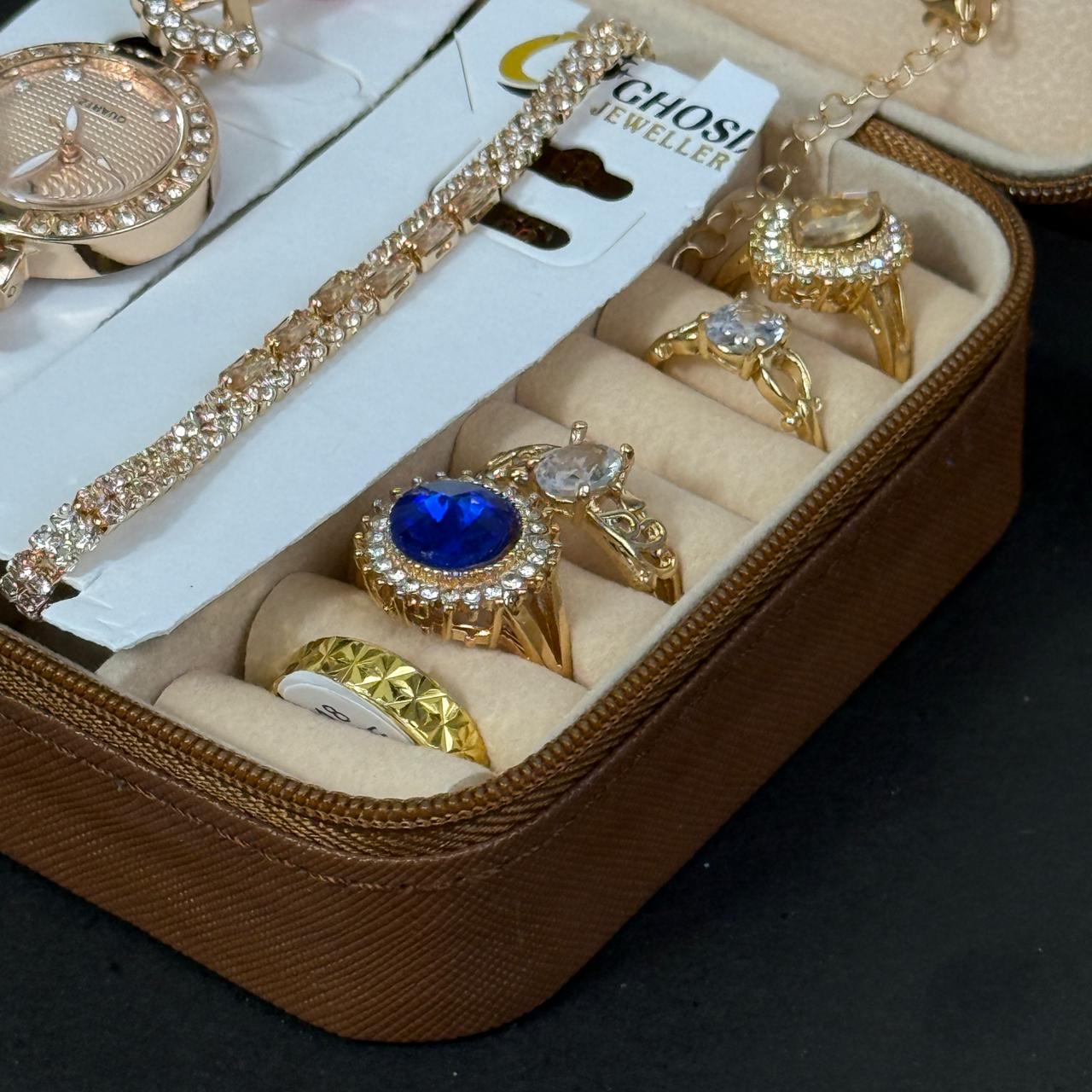 Women’s Gold Watch & Jewelry Set – Brown Box with Blue Stone Accent
