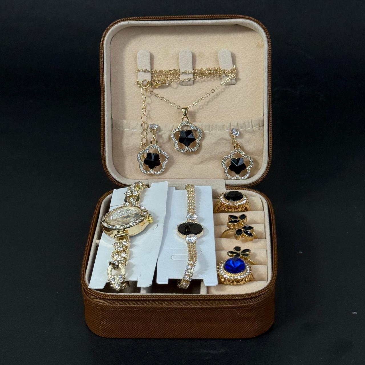 Women’s Gold Watch & Jewelry Set – Brown Box with Black & Blue Stone Accents